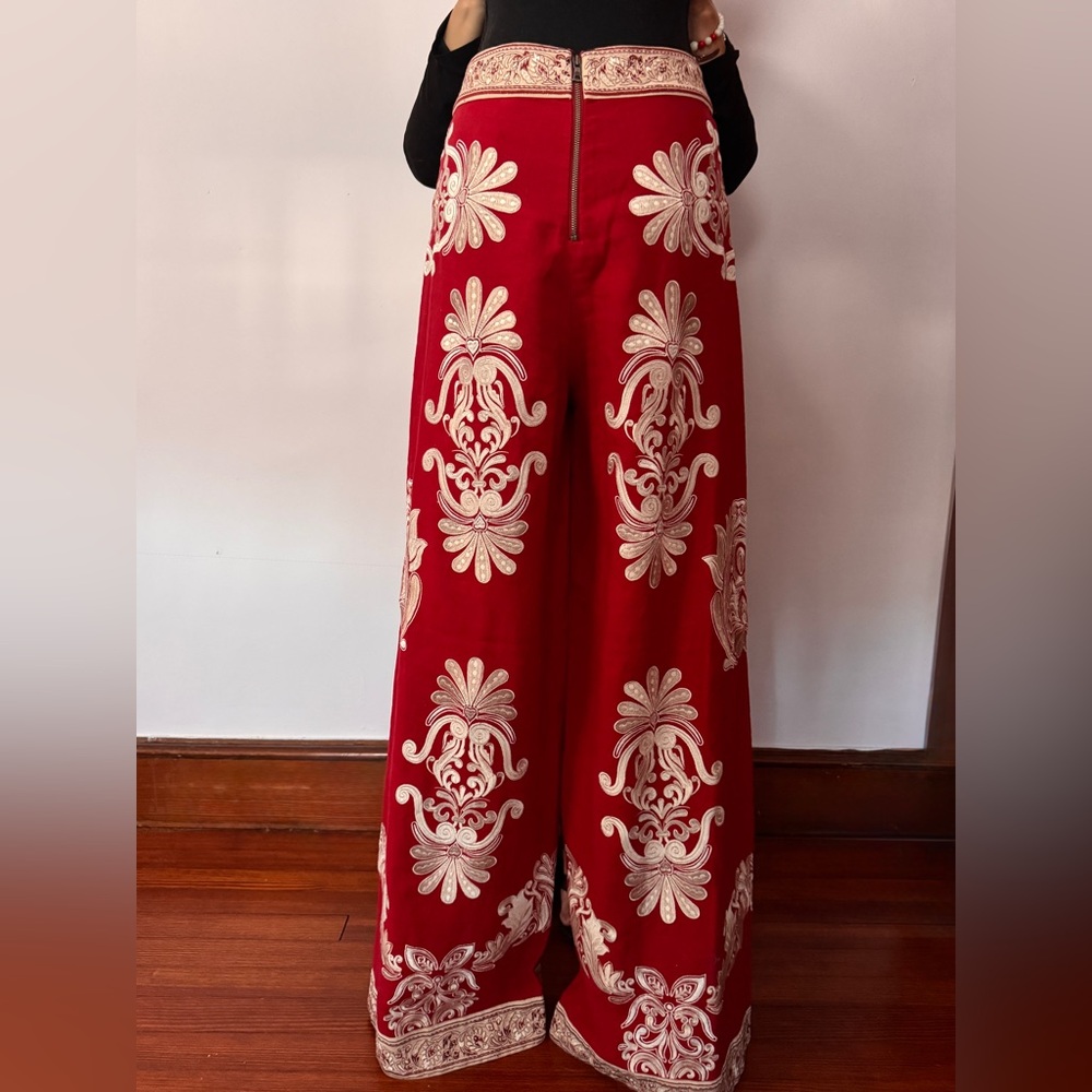 Alice and Olivia Red Wide-Leg Embroidered Pants - Picture 3 of 4